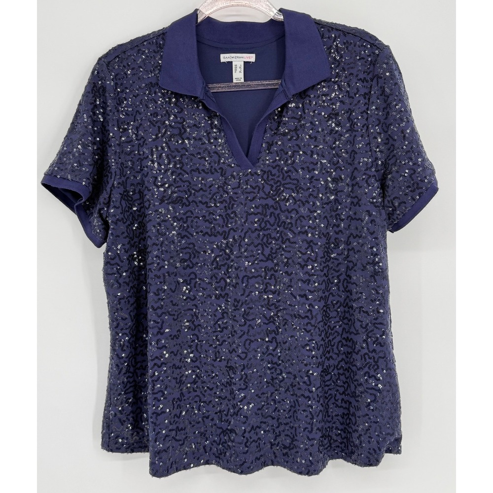 Isaac Mizrahi Live Womens Navy‎ Blue Sequin Polo Shirt Short Sleeve V-Neck Sz L